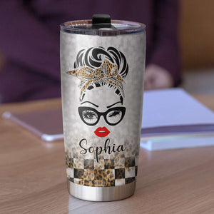 Personalized Racing Girl Tumbler - Don't Let Mascara And Perfume Confuse You - Leopard Checkered Pattern - Tumbler Cup - GoDuckee