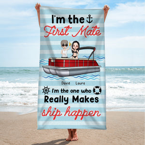 Pontoon Captain and First Mate - Personalized Beach Towel - Gifts For Wife, Girlfriend - Beach Towel - GoDuckee
