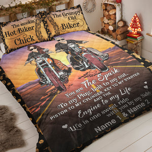 Biker Couple Engine To My Life - Personalized Quilt Bed Set - Gift for Him/Her - Front Cool Biker Couple - Blanket - GoDuckee