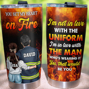 Personalized Firefighter Couple Tumbler Cup - You Set My Heart On Fire - Firefighter's Wife - Couple Shoulder to Shoulder - Tumbler Cup - GoDuckee