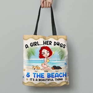A Girl Her Dogs & The Beach - Personalized Tote Bag - Gift for Girls - Cool Summer Girl with Lazy Dogs - Tote Bag - GoDuckee