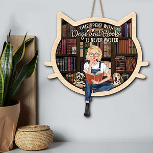 Time Spent With Dogs And Books Is Never Wasted, Personalized Reading Girl Wood Sign, Gift for Book Lovers - Wood Sign - GoDuckee