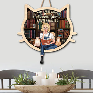Time Spent With Cats And Books Is Never Wasted, Personalized Wood Sign, Gift for Book Girls - Wood Sign - GoDuckee