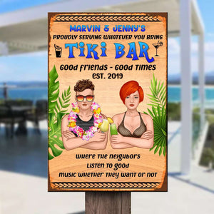 Personalized Hawaiian Wreath Couple Metal Sign - Tiki Bar Good Friends Good Times - Couple Arms Crossed - Hawaiian Shirts - GoDuckee