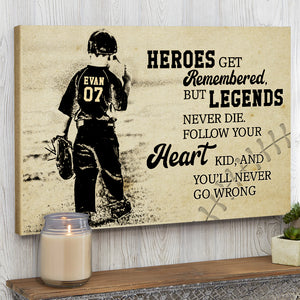 Vintage Baseball Poster - Custom Name, Number - Legends Never Die - Kid Playing Baseball - Poster & Canvas - GoDuckee