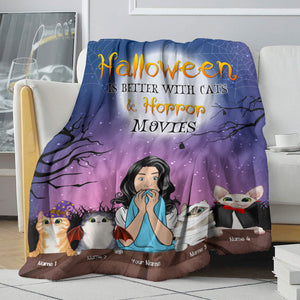 Personalized Horror Girl & Cat Breeds Blanket - Halloween Is Better With Cats and Horror Movies - Blanket - GoDuckee