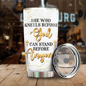 Personalized Melanin Queen Tumbler - She Who Kneels Before God Can Stand Before Anyone - Tumbler Cup - GoDuckee