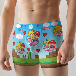 Red Heart With Cartoon Background - Custom Photo Couple Boxer Briefs - Boxer Briefs - GoDuckee