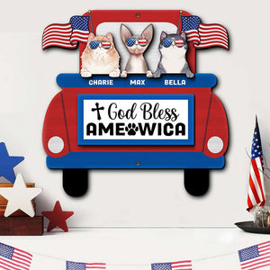 Cat God Bless Ameowica, Personalized Layered Wood Sign Stand, Gifts for Cat Lovers - Wood Sign - GoDuckee
