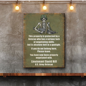 Veteran Metal Sign - This Property Is Protect By A Veteran - Custom Name - Metal Wall Art - GoDuckee