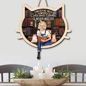 Time Spent With Cats And Books Is Never Wasted, Personalized Wood Sign, Gift for Book Girls - Wood Sign - GoDuckee