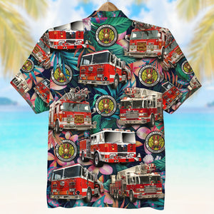 Custom Fire Engine Photo Hawaiian Shirt, Floral Pattern, Gift For Firefighter - Hawaiian Shirts - GoDuckee