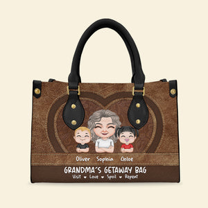 Grandma And Little Grandkids Leather Bag, Personalized Leather Bag, Mother's Day Gift, Gift For Grandma - Leather Bag - GoDuckee