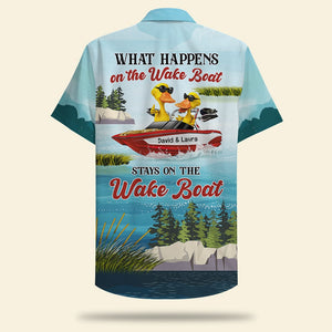 Personalized Wakeboarding Duck Couple Hawaiian Shirt - What Happens on The Wake Boat - Hawaiian Shirts - GoDuckee