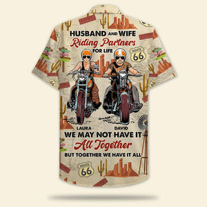 Personalized Motorcycle Couple Hawaiian Shirt - Husband & Wife, Riding Partners For Life - Hawaiian Shirts - GoDuckee