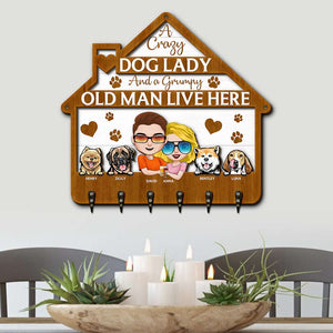 Crazy Dog Lady and A Grumpy Old Man Live Here, Personalized 2 Layers Wood Key Hanger, Gift for Dog Lovers - Wood Sign - GoDuckee