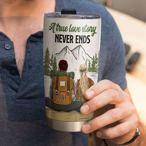 Personalized Camping Couple Tumbler - A True Love Story Never Ends - Tumbler Cup - GoDuckee