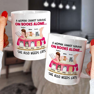 A Woman Cannot Survive On Books Alone, Girl Book Cat White Mug - Coffee Mug - GoDuckee
