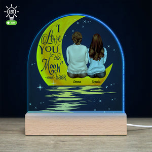 I Love You To The Moon And Back, Mom And Child Personalized Led Light Wooden Base Gift For Mom - Led Night Light - GoDuckee