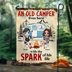 An Old Camper Lives Here With The Spark Of His Life Personalized Camping Couple Garden Flag - Flag - GoDuckee