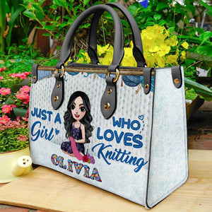 Just A Girl Who Loves Knitting Personalized Knitting Leather Bag - Leather Bag - GoDuckee