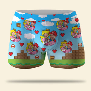 Red Heart With Cartoon Background - Custom Photo Couple Boxer Briefs - Boxer Briefs - GoDuckee