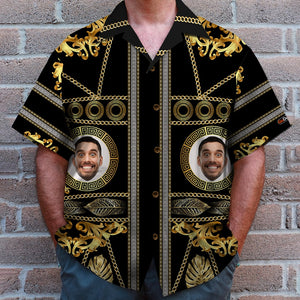 Golden Pattern with Custom Face Image ,Personalized Hawaiian Shirt and Men Beach Shorts, Summer Gifts - Hawaiian Shirts - GoDuckee