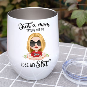 Just A Mom Trying Not To Lose My Shit, Personalized Mug, Gift For Mom, Mother's Day Gift, Chibi Woman With Crossed Arms - Coffee Mug - GoDuckee