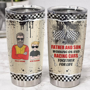 Personalized Racing Father and Son Tumbler - Working on and racing cars together for life - Checkered Pattern - Tumbler Cup - GoDuckee