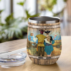 Personalized Pirate Couple Wine Tumbler - Cruise Like A Sailor Party Like A Pirate - Wood Barrel Theme - Wine Tumbler - GoDuckee