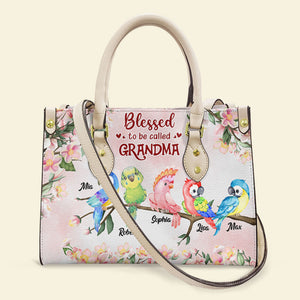 Blessed To Be Called Grandma, Personalized Leather Bag, Gift For Grandma, Grandma's Little Birds Bag - Leather Bag - GoDuckee