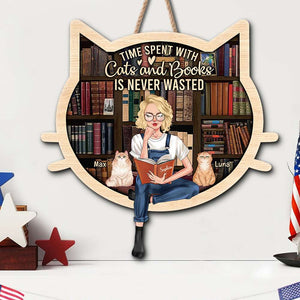 Time Spent With Cats And Books Is Never Wasted, Personalized Wood Sign, Gift for Book Girls - Wood Sign - GoDuckee