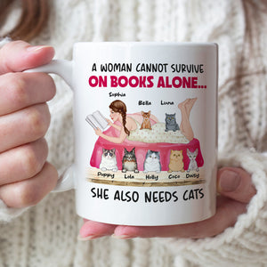 A Woman Cannot Survive On Books Alone, Girl Book Cat White Mug - Coffee Mug - GoDuckee