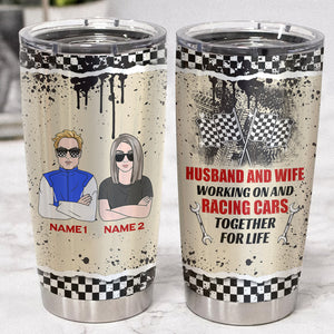 Personalized Racing Father and Son Tumbler - Working on and racing cars together for life - Checkered Pattern - Tumbler Cup - GoDuckee