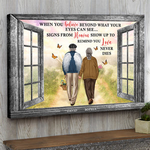 Personalized Memorial Couple Canvas Print, Heaven Signs Show Up To Remind You Love Never Dies, Old Couple Walking Together - Poster & Canvas - GoDuckee