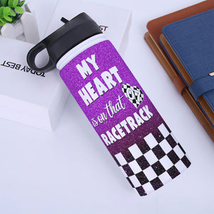 Personalized Dirt Track Racing Mom Water Bottle - My Heart Is On That Racetrack - chibi racing girl - Water Bottles - GoDuckee