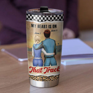 Personalized Racing Couple Tumbler - My Heart Is On That Track - His #1 Fan - Tumbler Cup - GoDuckee