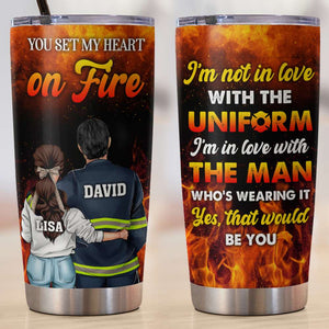 Personalized Firefighter Couple Tumbler Cup - You Set My Heart On Fire - Firefighter's Wife - Couple Shoulder to Shoulder - Tumbler Cup - GoDuckee