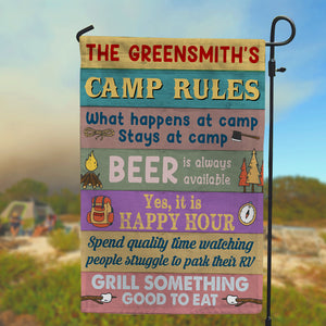 Personalized Gifts For Camping Lovers, Camp Rules What Happens at Camp Stay at Camp Custom Family's Name Flag - Flag - GoDuckee