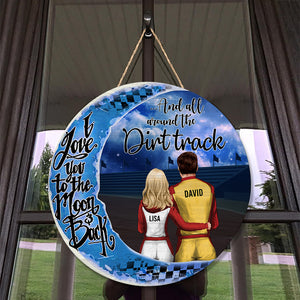 Dirt Track Racing Love You To The Moon and Back - Personalized Round Wooden Sign - Gift for Couple - Couple Shoulder to Shoulder - Wood Sign - GoDuckee