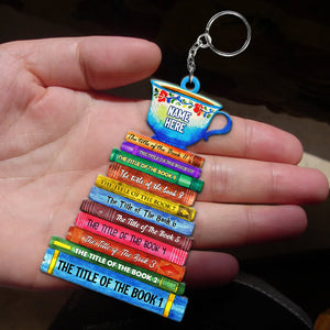 Tea & Stack Of Book Keychain - Custom Book Titles - Keychains - GoDuckee