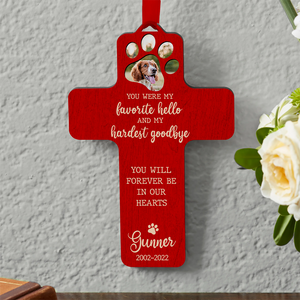 My Favorite Hello & Hardest Goodbye, Personalized Memorial Pet Wood Ornament - Ornament - GoDuckee