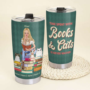 Personalized Cat Mom Tumbler Cup - Time Spent With Books and Cats - A Reading Girl With Cats - Tumbler Cup - GoDuckee