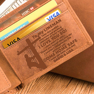 Lineman Come Home Safe - I Need You Here - Personalized Leather Men Wallet - Gift for Lineman Husband - Leather Men Wallet - GoDuckee