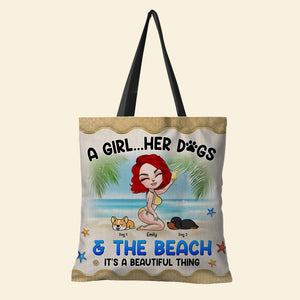 A Girl Her Dogs & The Beach - Personalized Tote Bag - Gift for Girls - Cool Summer Girl with Lazy Dogs - Tote Bag - GoDuckee