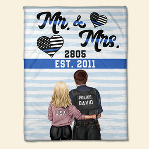 Personalized Police Couple Blanket - Custom Name, Number - Thin Blue Line Background - Mr & Mrs - Blanket - GoDuckee