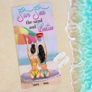 Sea The Sand and Besties - Personalized Beach Towel - Gifts For Big Sister, Sistas, Girls Trip - Girls At The Beach Back View frd2104 - Beach Towel - GoDuckee