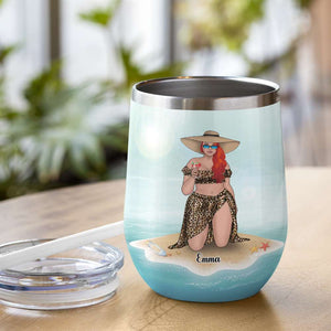 Personalized Bikini Girl Trip Wine Tumbler - Suntanned Beach Sand And A Drink In My Hand - Leopard Pattern - Wine Tumbler - GoDuckee