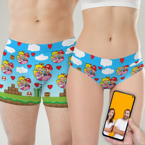 Red Heart With Cartoon Background - Custom Photo Couple Boxer Briefs - Boxer Briefs - GoDuckee
