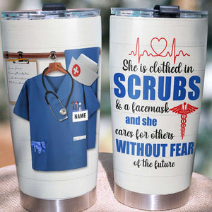 Personalized Nurse Tumbler Cup - She is Clothed in Scrubs and a Face Mask - Nurse Uniform - Tumbler Cup - GoDuckee